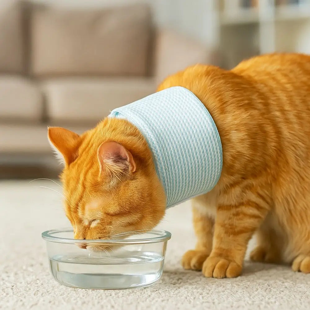 Un chat orange portant une collerette douce pour chat en tissu, buvant de l'eau dans un bol