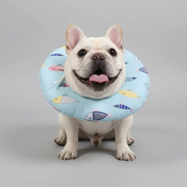 Colerette réglable pour chat en tissu bleu avec motifs de poissons sur un animal souriant