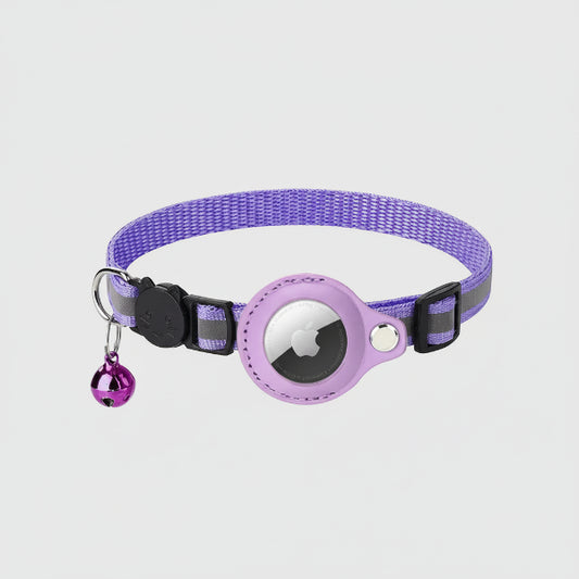 Collier Airtag ajustable pour chat en nylon violet avec clochette et support Airtag Oscar et Plume