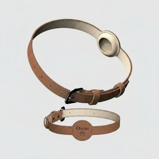 Collier en cuir marron avec gravure personnalisée et collier avec emplacement Airtag pour animaux