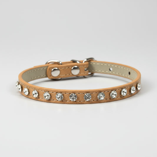 Collier brillant petit chien en cuir camel avec strass scintillants de Oscar et Plume