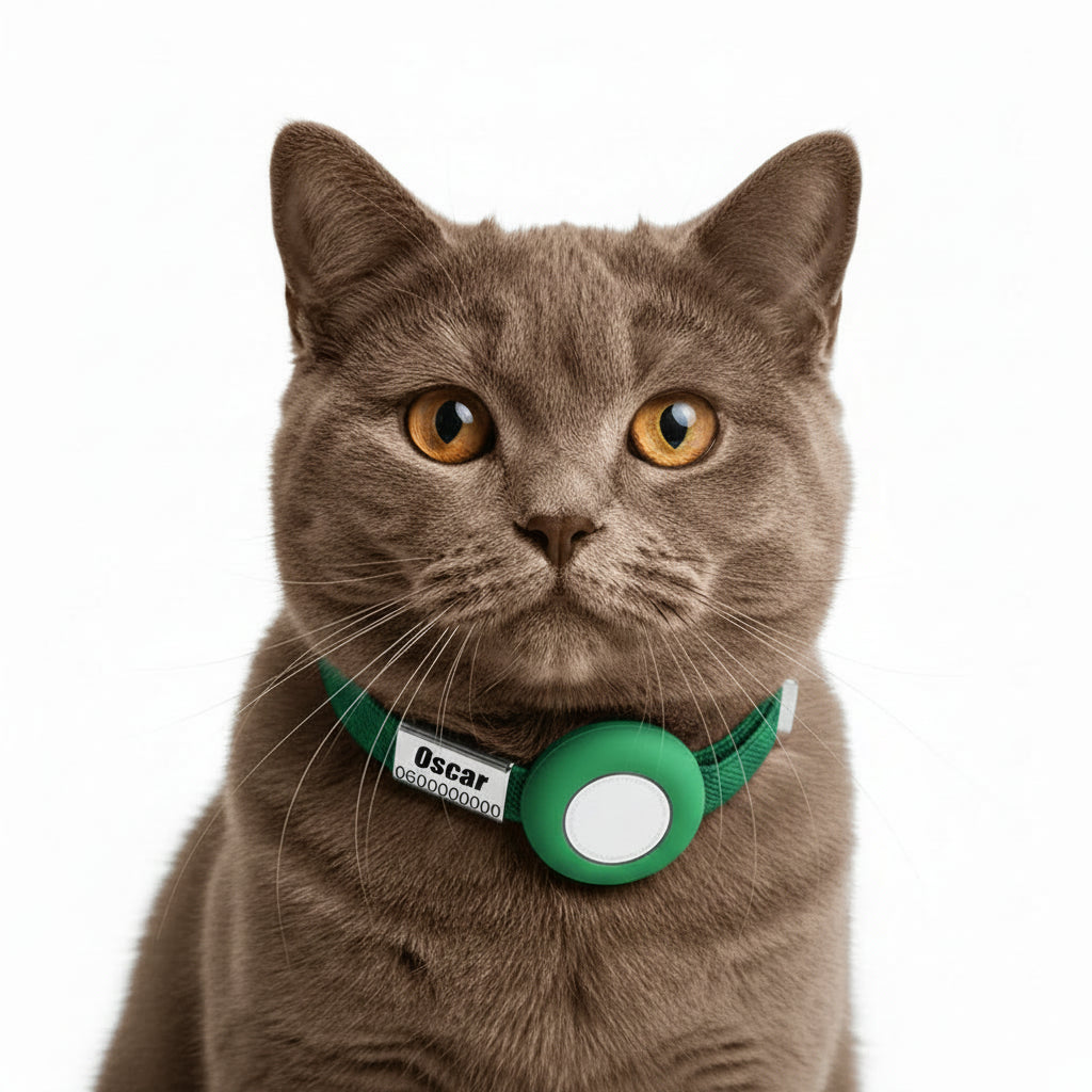 Collier chat anti étranglement vert avec un médaillon pour identification d'Oscar et Plume
