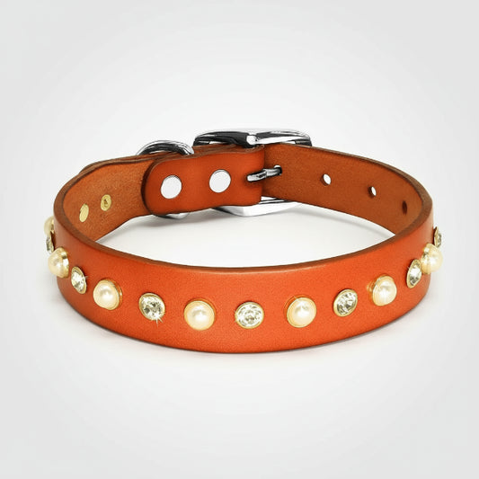 Collier chic chien chat en cuir marron orné de perles et strass par Oscar et Plume