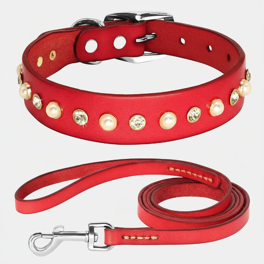 Collier chic chien chat rouge en cuir avec perles et strass et laisse assortie Oscar et Plume