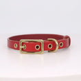 Load image into Gallery viewer, Collier chien cuir personnalisable en cuir rouge avec boucles en métal doré pour un look élégant
