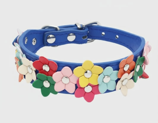 Collier chien fleurs bleu avec décorations colorées en forme de fleurs par Oscar et Plume