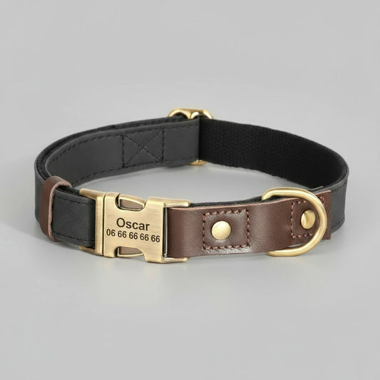 collier chien personnalisable Oscar et Plume en cuir noir et marron avec boucle laiton gravée prénom et numéro