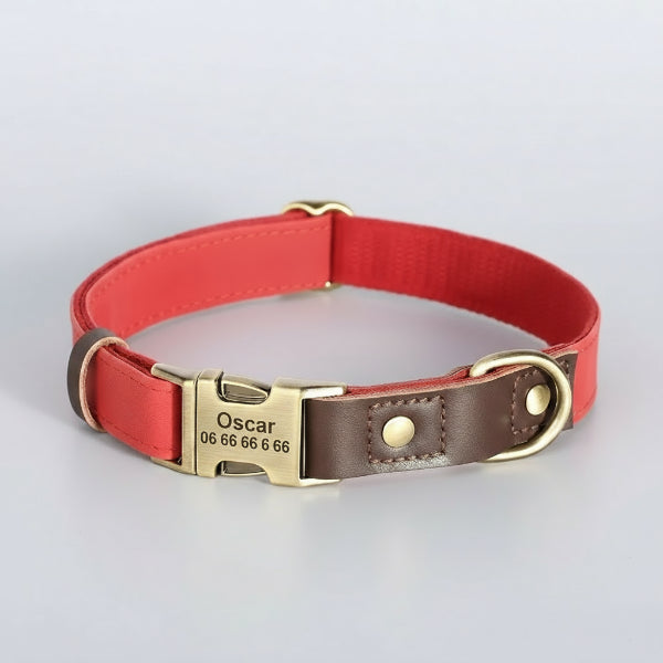 collier chien personnalisable rouge et marron avec plaque laiton gravée nom et téléphone et boucle D solide