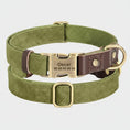Charger l'image dans la visionneuse de la galerie, collier chien personnalisable en suedine verte avec boucle gravee en laiton attache en D metal et doublure cuir
