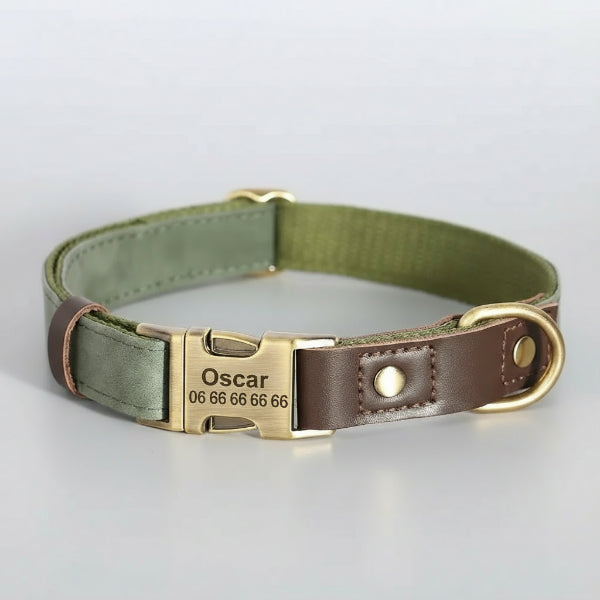 collier chien personnalisable vert olive en toile et cuir avec boucle laiton gravée nom et numéro de téléphone