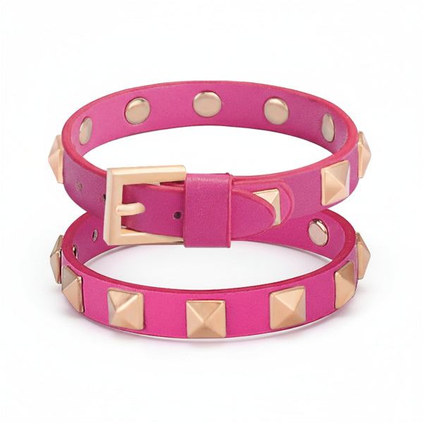 Collier clouté pour chat en cuir rose avec clous dorés et boucle ajustable