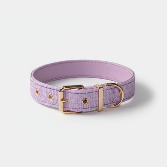 Collier couture chien en tissu violet avec boucle métallique dorée pour un port confortable