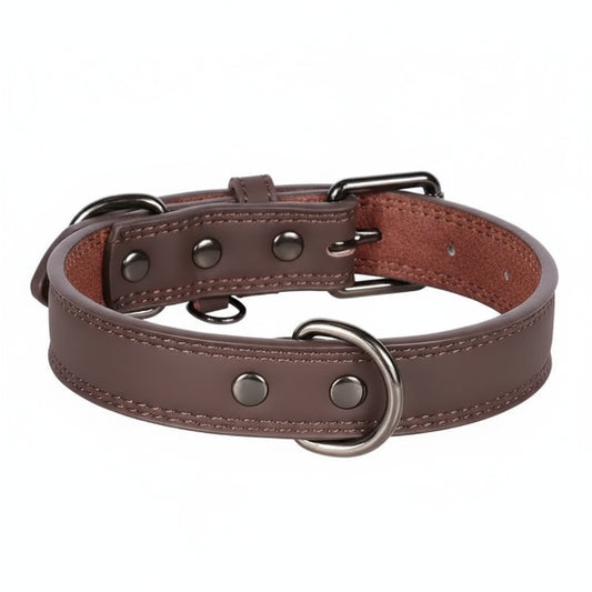 Collier cuir chien design marron avec boucles métalliques noir brillant pour chien élégant