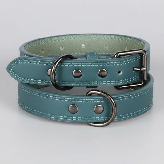 Collier cuir chien design bleu avec coutures renforcées et boucles métalliques résistantes