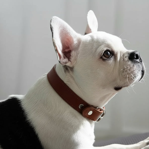 Chien blanc portant un collier cuir chien design en cuir rose signé Oscar et Plume