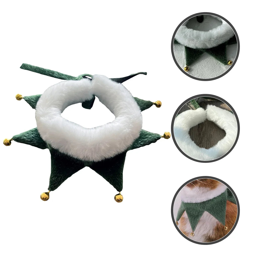 Collier de Noël pour chat en velours vert avec pompons dorés et col en fausse fourrure blanche