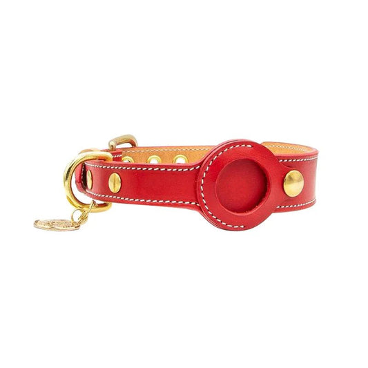 Collier en cuir avec emplacement Airtag en rouge, élégant et durable pour animaux de compagnie
