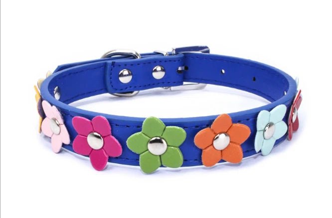 Collier en cuir durable motif Fleurs (1 rang) Oscar et Plume Bleu foncé / XS