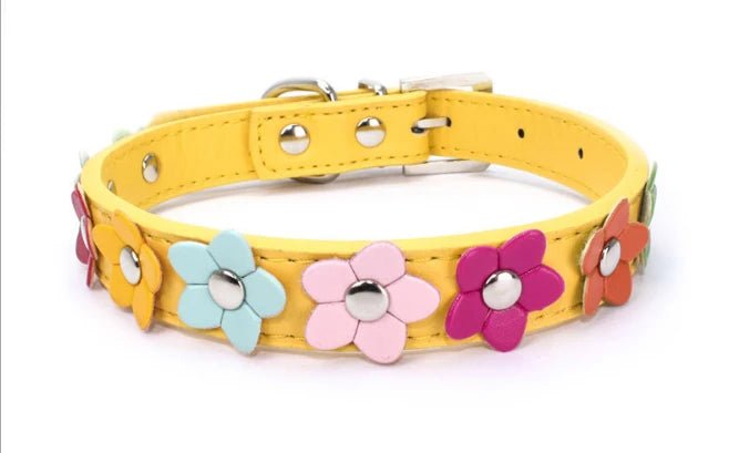 Collier en cuir durable motif Fleurs (1 rang) Oscar et Plume Jaune / XS