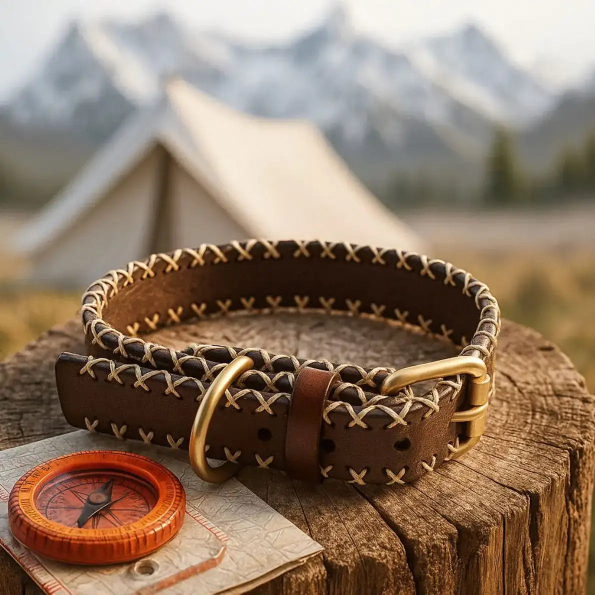Collier en cuir pour chien Oscar et Plume avec coutures contrastées et boucle dorée, idéal pour les aventuriers