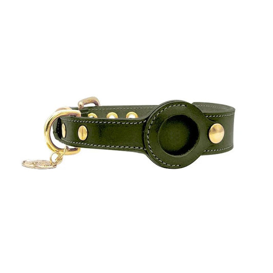 Collier en cuir avec emplacement Airtag Oscar et Plume Vert / S