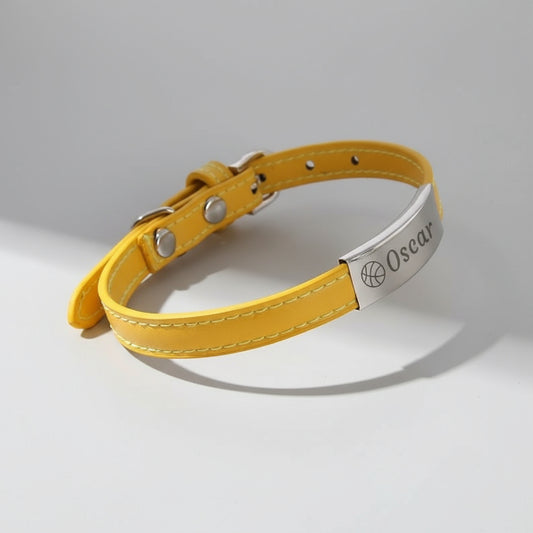 Collier en cuir véritable jaune Oscar avec plaque gravée et coutures contrastées pour chien