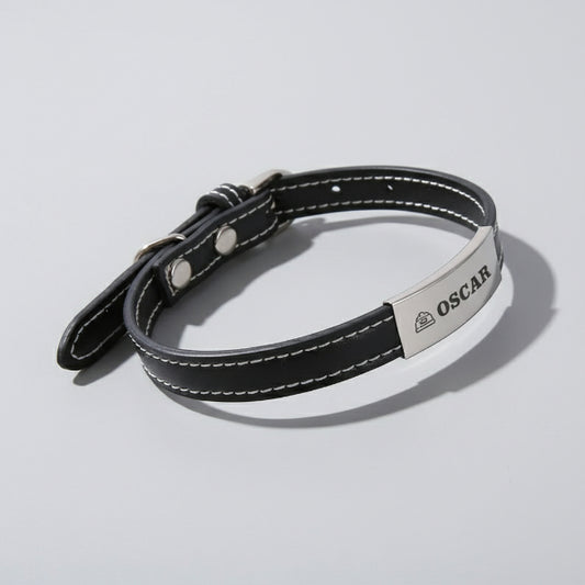 Collier en cuir véritable noir avec plaque personnalisée pour chien Oscar et Plume