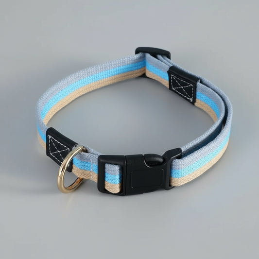 Collier en toile pour chien gris bleu et beige avec boucle en plastique noir et anneau en métal