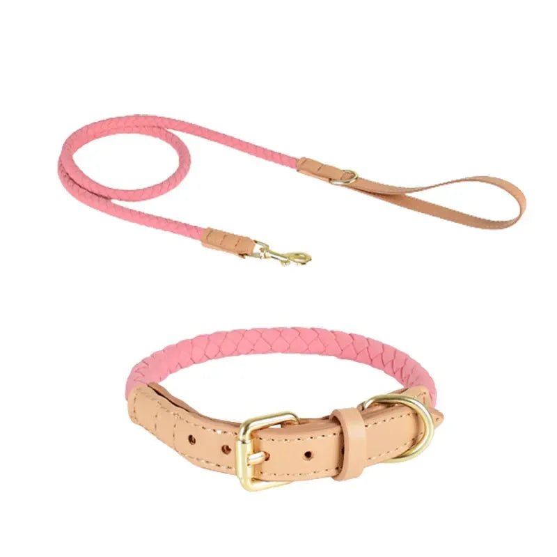 Collier et Laisse cuir durable tressé Oscar et Plume Ensemble rose / S