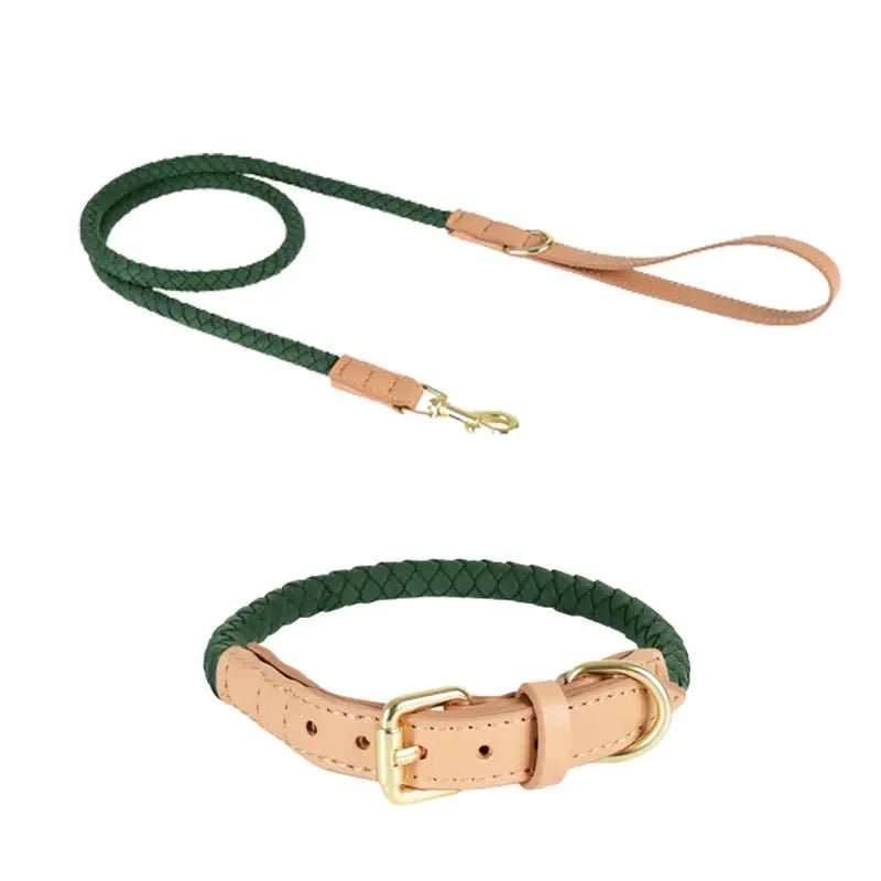 Collier et Laisse cuir durable tressé Oscar et Plume Ensemble vert / S