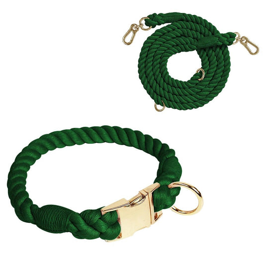 Collier et laisse en coton vert foncé avec attaches métalliques dorées pour animaux