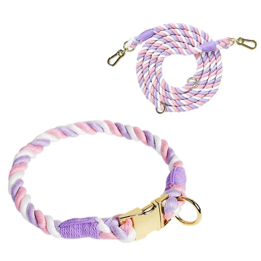Collier et laisse en coton tressé violet, rose et blanc avec fermeture métallique dorée