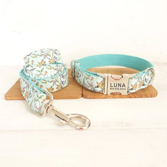 Collier et laisse motif fleurs personnalisable pour chien Oscar et Plume