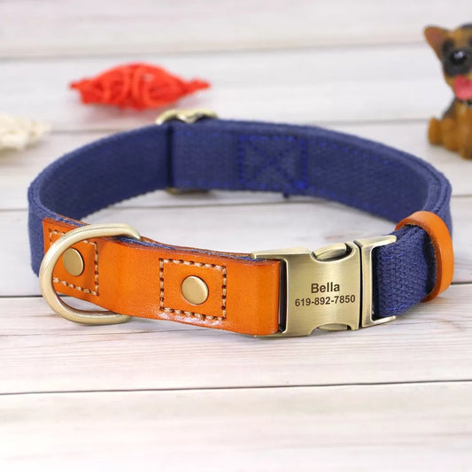 Collier et laisse personnalisable chien en tissu bleu et cuir orange avec gravure prénom et numéro