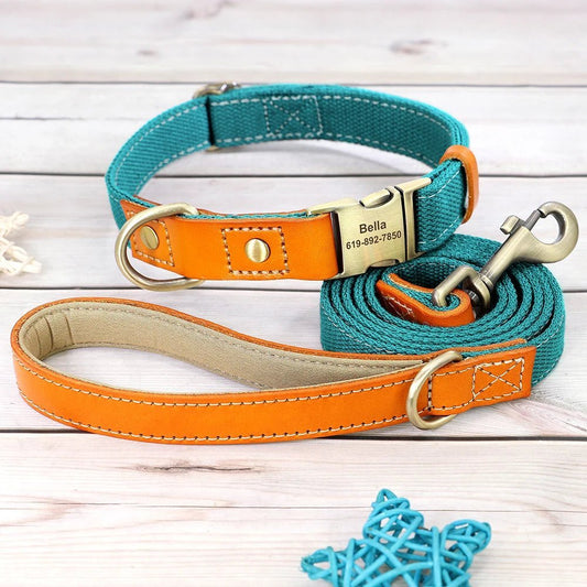 Collier et laisse personnalisable chien en cuir orange et tissu turquoise avec gravure Oscar et Plume