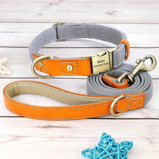 Collier et laisse personnalisable chien en cuir orange et nylon gris avec gravure personnalisée