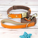 Collier et laisse personnalisable chien en cuir et nylon orange et marron de la marque Oscar et Plume