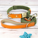 Collier et laisse personnalisable chien en tissu vert et cuir orange avec gravure prénom et numéro