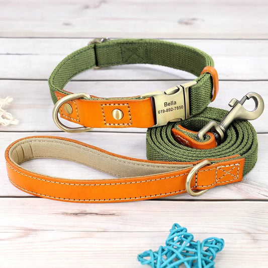 Collier et laisse personnalisable chien en tissu vert et cuir orange avec gravure prénom et numéro