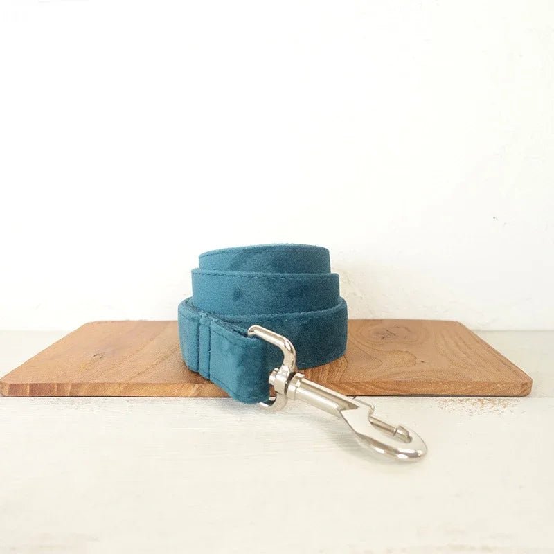 Collier et laisse personnalisable en velours pour chien Oscar et Plume Laisse bleu canard / XS