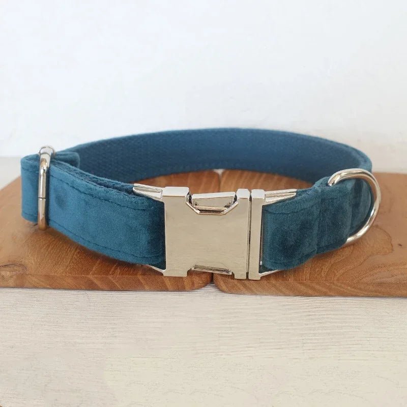 Collier et laisse personnalisable en velours pour chien Oscar et Plume Collier Bleu canard / XS