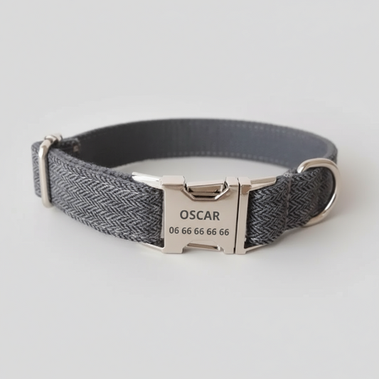 Collier et laisse personnalisable pour chien gris avec boucle métallique gravée Oscar par Oscar et Plume