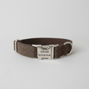 Collier et laisse personnalisable pour chien en tissu marron avec plaque gravée nom et téléphone