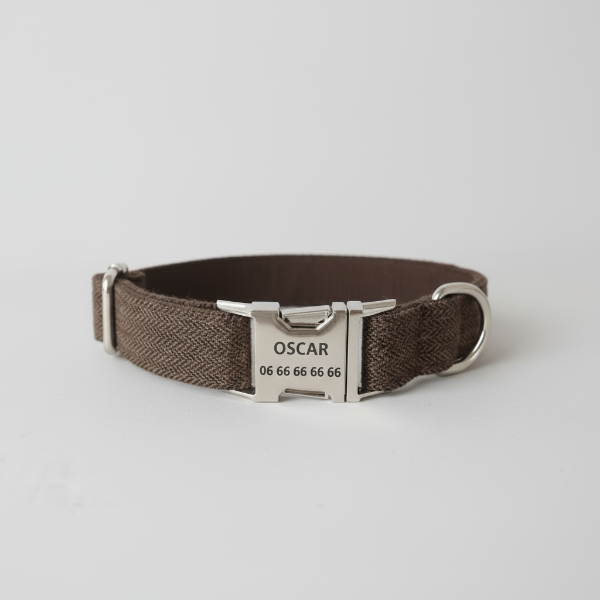 Collier et laisse personnalisable pour chien en tissu marron avec plaque gravée nom et téléphone