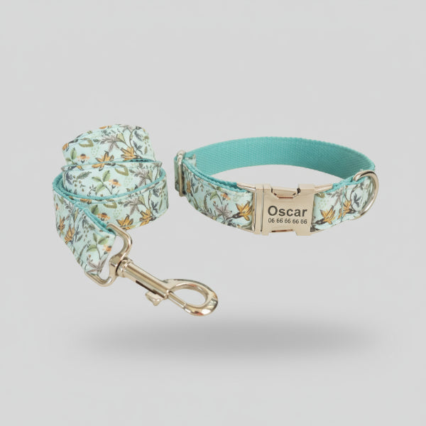 Collier et laisse personnalisable pour chien motif floral avec plaque gravée et boucles métalliques