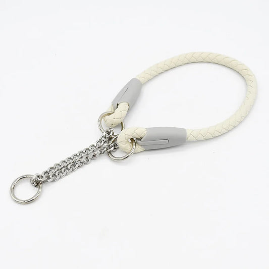 Collier et laisse pour chien en corde tressée blanche avec chainette métal par Oscar et Plume