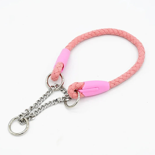 Collier et laisse pour chien rose en corde tressée avec chaîne métallique signée Oscar et Plume