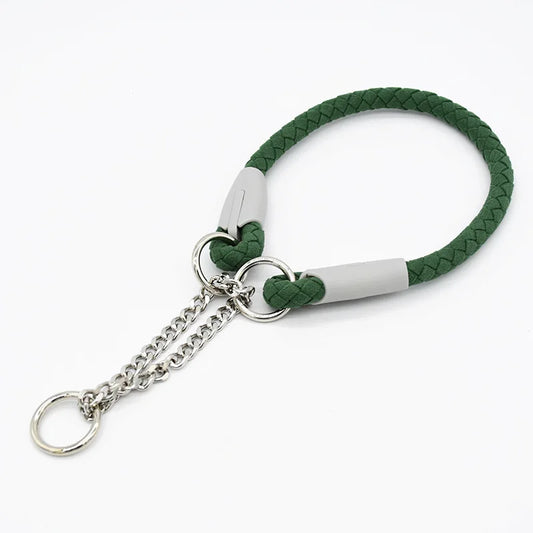 Collier et laisse pour chien vert en corde tressée avec chaîne en métal argenté par Oscar et Plume