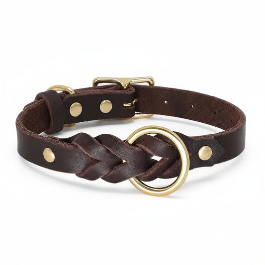 Collier et laisse pour chien en cuir marron avec boucle et rivets dorés par Oscar et Plume