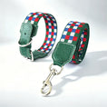 Charger l'image dans la visionneuse de la galerie, Collier large pour chien en cuir vert avec motif à carreaux coloré et fermoir en métal durable

